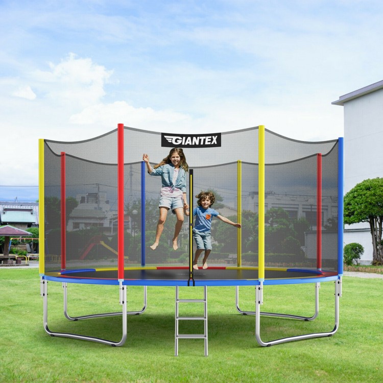 Vibrant 14 feet trampoline with safety enclosure net, showcasing kids jumping joyfully for fun and exercise outdoors.