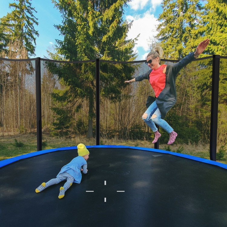 8 ft outdoor trampoline with safety net, featuring a sturdy galvanized steel frame and enhanced bounce for kids' fun.