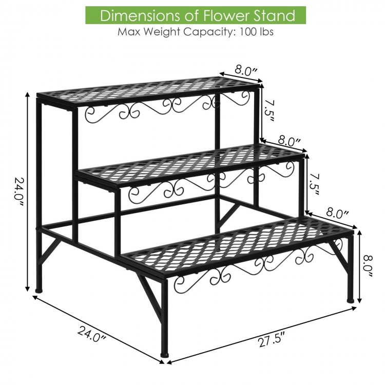 Three-tier metal decorative plant stand with elegant patterns, weather-resistant, ideal for indoor and outdoor use.