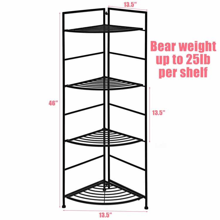 Four-tier folding metal shelf plant stand in black, featuring a sturdy design for corner display and ample storage.