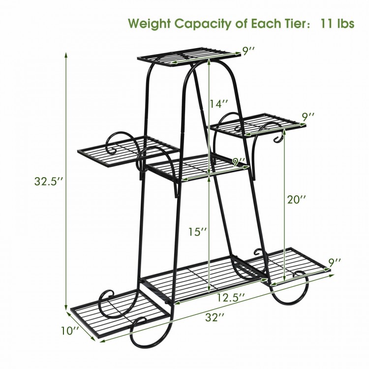 7-tier metal patio plant stand with hollow-out trays, black finish, ideal for home and garden decoration.