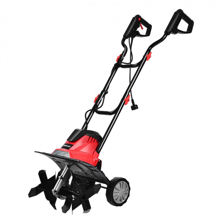 14-inch electric tiller with 10-amp motor and four blades, designed for small to medium gardens, easy to transport.