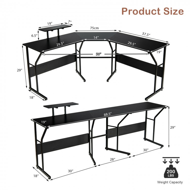 L-shaped black computer desk with monitor stand, 88.5 inches, adjustable foot pads, ideal for office or study use.