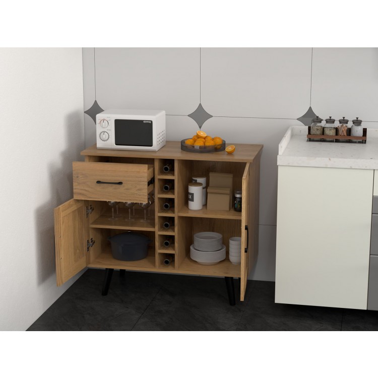 2-door buffet sideboard with 6-bottle wine rack, adjustable shelves, and pull-out drawer for versatile storage.