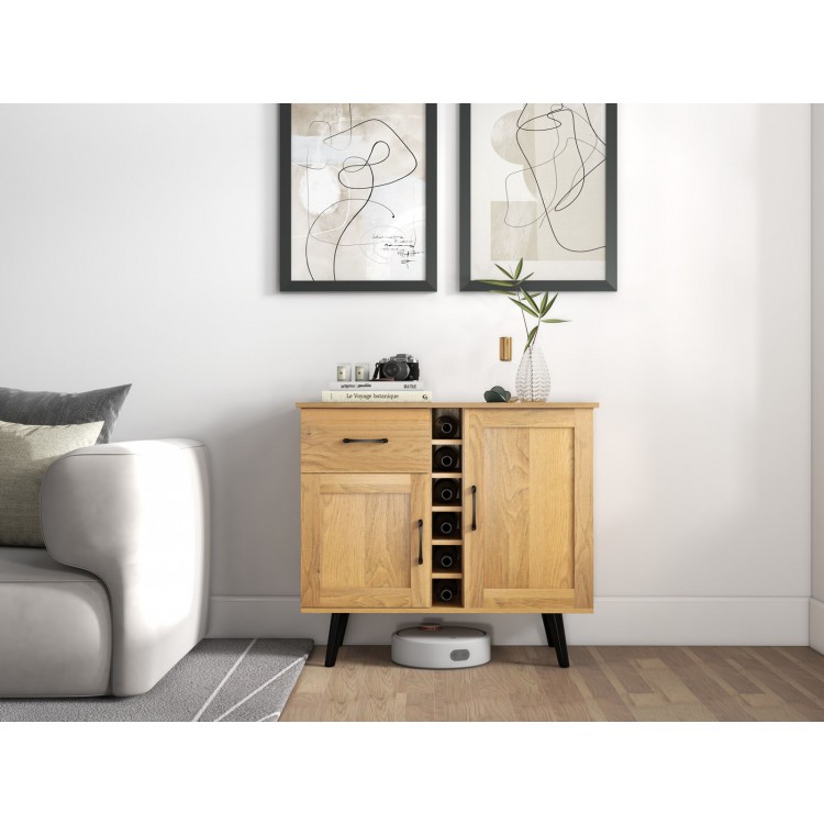 2-door buffet sideboard in oak with 6-bottle wine rack and pull-out drawer, perfect for stylish storage and decor.