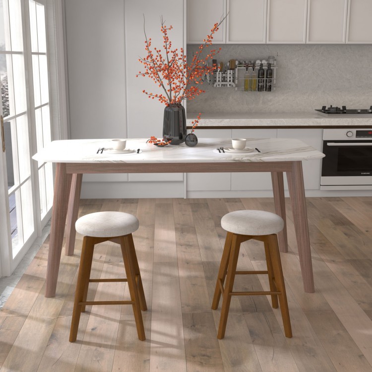 Backless swivel barstools with beige linen fabric seats and rubber wood legs, perfect for counter height seating.