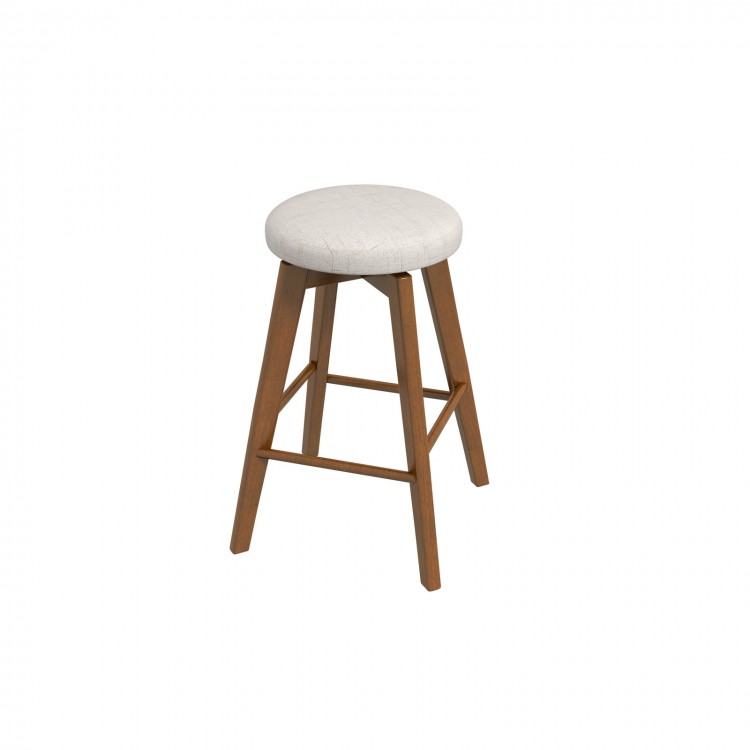 Single 26-inch backless swivel barstool featuring a beige linen seat and sturdy rubber wood legs, ideal for versatile.