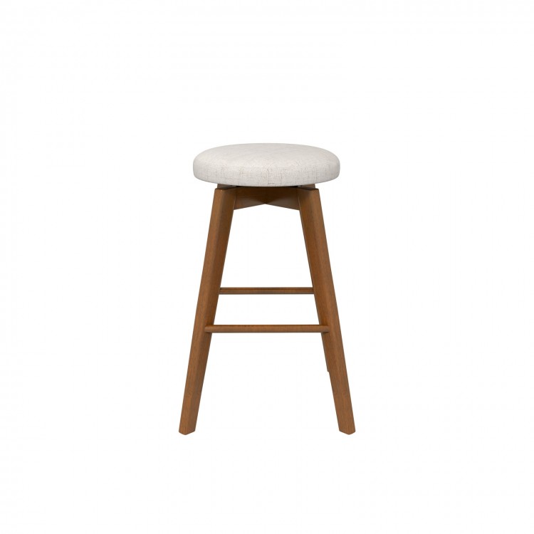 Single 26-inch backless swivel barstool in beige linen fabric with rubber wood legs, ideal for compact seating.