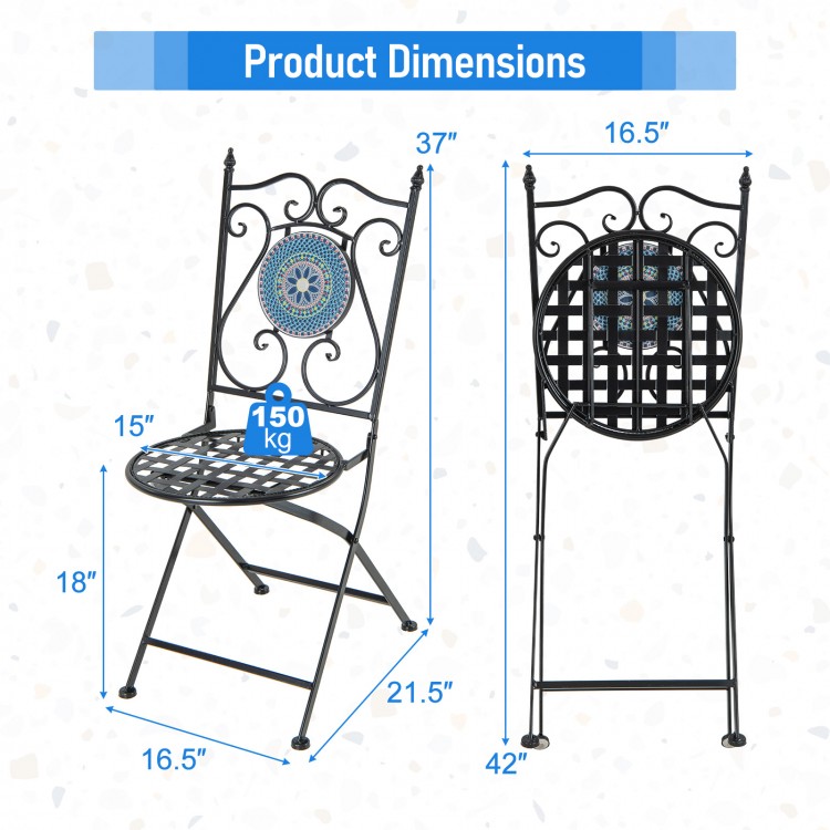 Mosaic folding chair dimensions with metal frame, high backrest, and anti-slip footpads for indoor and outdoor use.