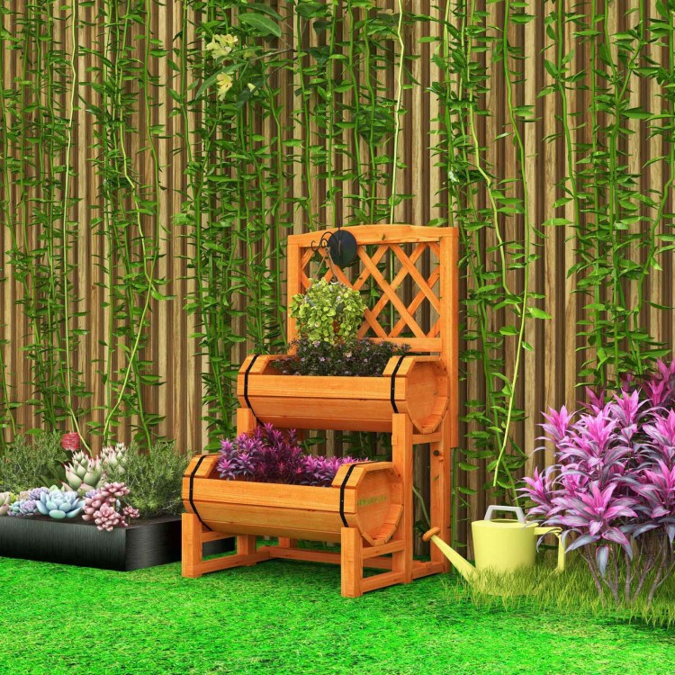 Cylindrical planter boxes of the 2-tier raised garden bed with trellis, showcasing elegant design for plant.