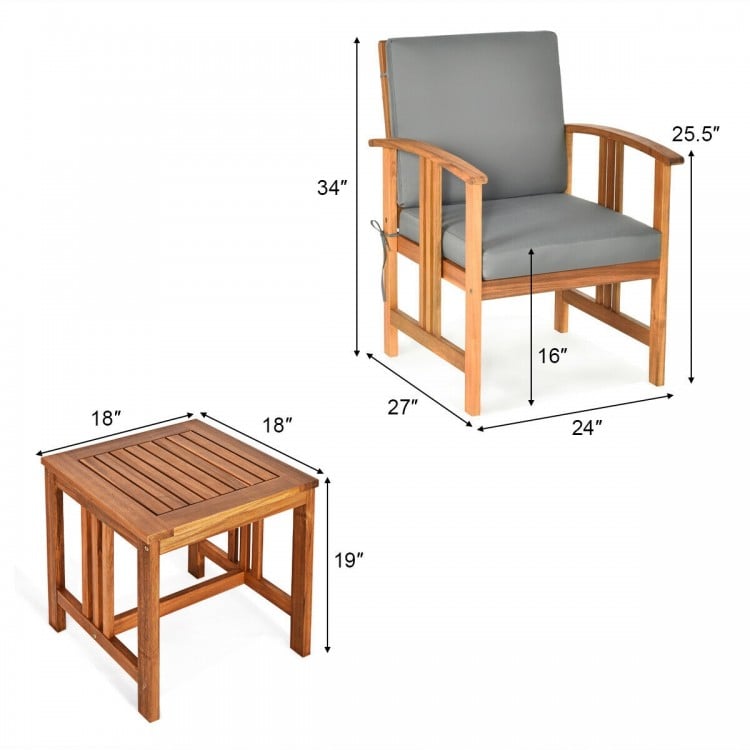 Solid wood outdoor patio chair with gray cushion, ergonomic design, and dimensions of 24" x 27" x 34".