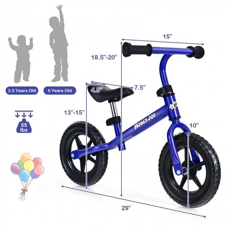 Kids balance bike in blue with adjustable seat and handlebar, lightweight carbon steel frame, perfect for learning to.