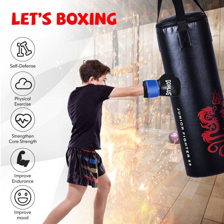 Child practicing boxing with a filled punching bag, featuring professional gloves and a jump rope for training.