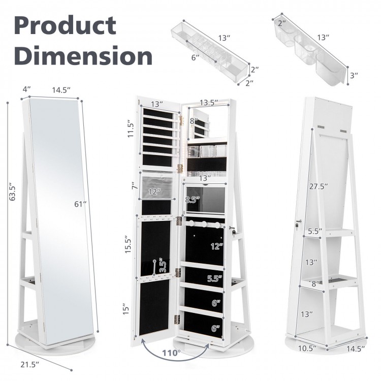 360° rotating jewelry cabinet armoire in white with mirror, LED lighting, and lockable storage for organized.