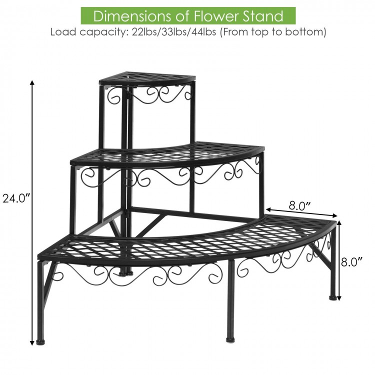 Three-tier metal corner plant display rack with decorative lace, dimensions 24" height, 8" depth, ideal for balcony or.