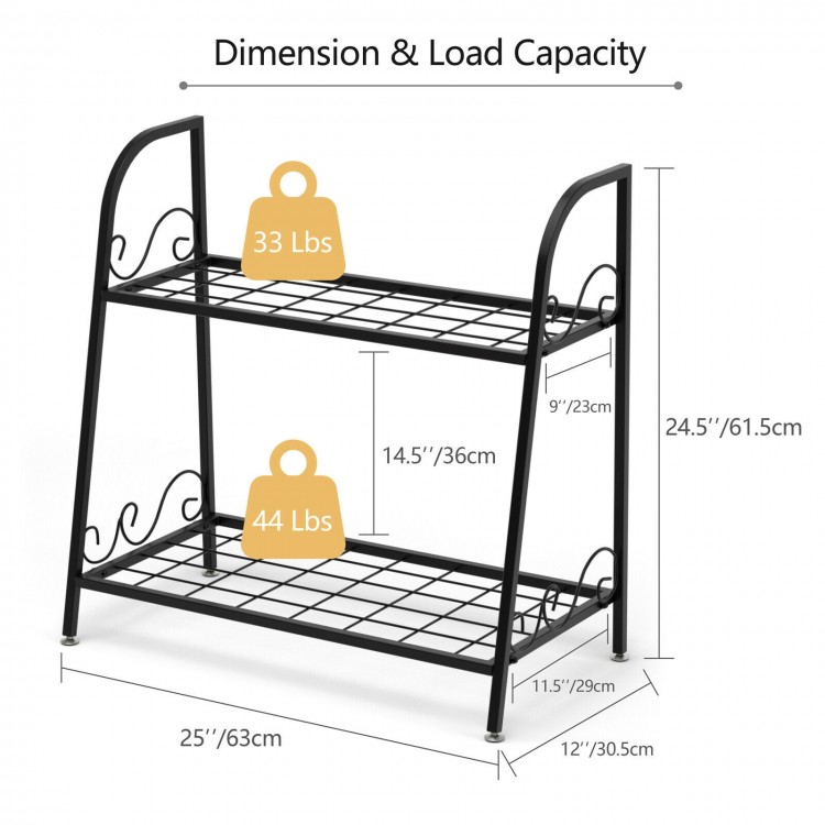 2-tier patio metal plant stand with a sturdy steel frame, rust-resistant finish, ideal for plants and decorations.