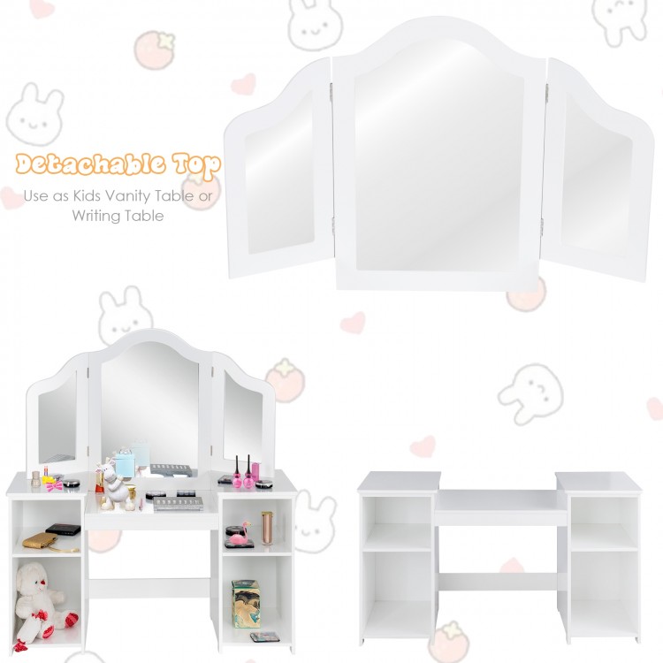 Kids tri-folding mirror vanity table set in white, featuring four storage compartments and a detachable top for.