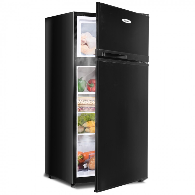 Compact black refrigerator with two doors, adjustable shelves, and integrated door storage, ideal for small spaces.