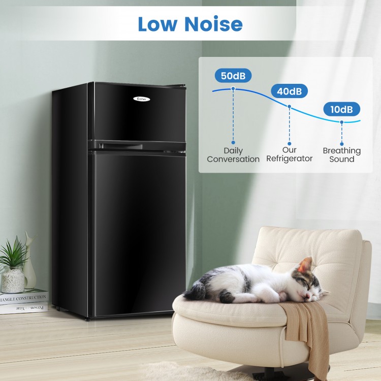 Compact black refrigerator showcasing a sleek design with easy access controls, perfect for student dormitories and.