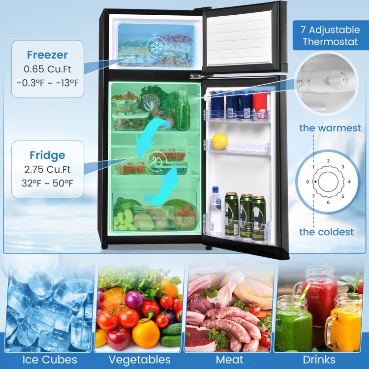 Compact black refrigerator with adjustable shelves, ideal for dorms and small spaces, perfect for food and drinks.