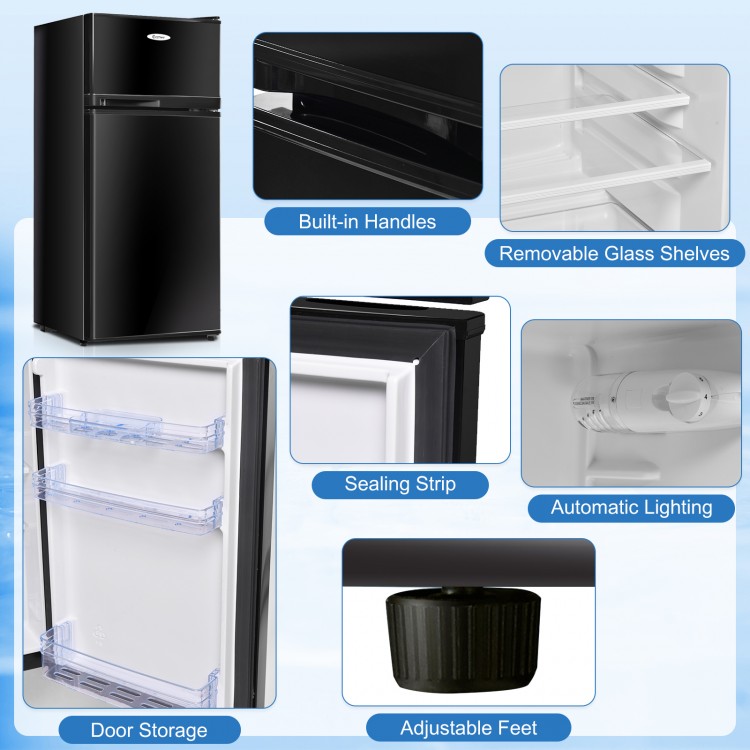 Compact black refrigerator with adjustable glass shelves, door storage, and integrated handle for small spaces.