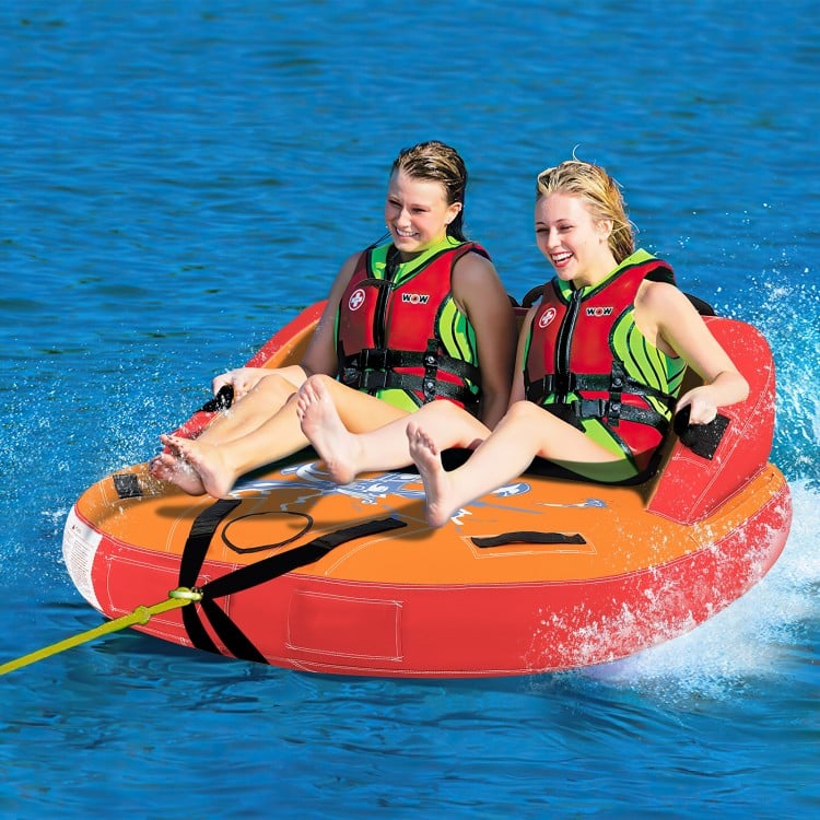 Two riders on an orange inflatable towable tube with high backrest and padded handles for safe boating fun.