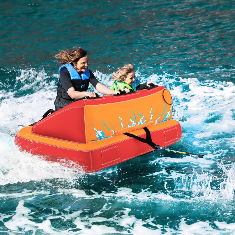 Two-person inflatable towable tube in orange for boating, featuring high backrest and padded handles, ideal for water.