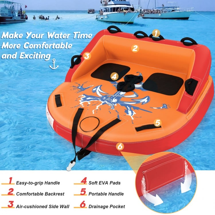 Inflatable towable tube for 2 riders in orange with high backrest, padded handles, and drainage pocket for boating fun.