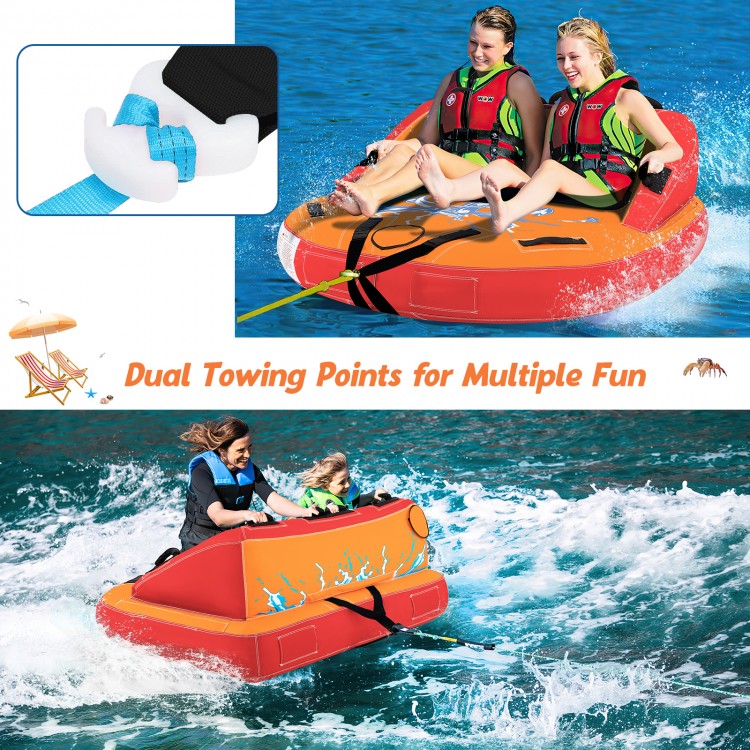 Two-person inflatable towable tube in orange with high backrest and padded handles for safe boating fun on water.