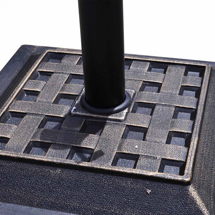 Heavy-duty 30 lbs square umbrella base stand with bronze finish and decorative pattern for outdoor use.