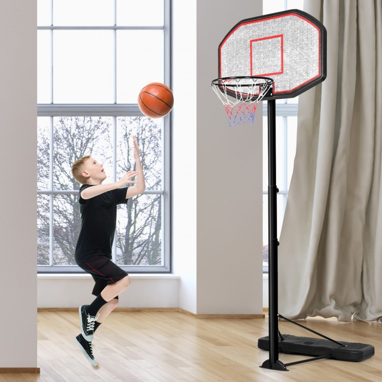 Height adjustable 43-inch basketball hoop with a durable steel frame, shown in use indoors by a child.