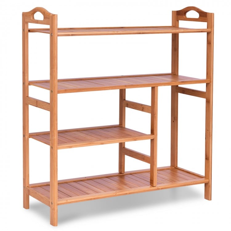 Four-tier bamboo shoe rack with slatted design, ideal for entryway storage and featuring side handles for easy mobility.
