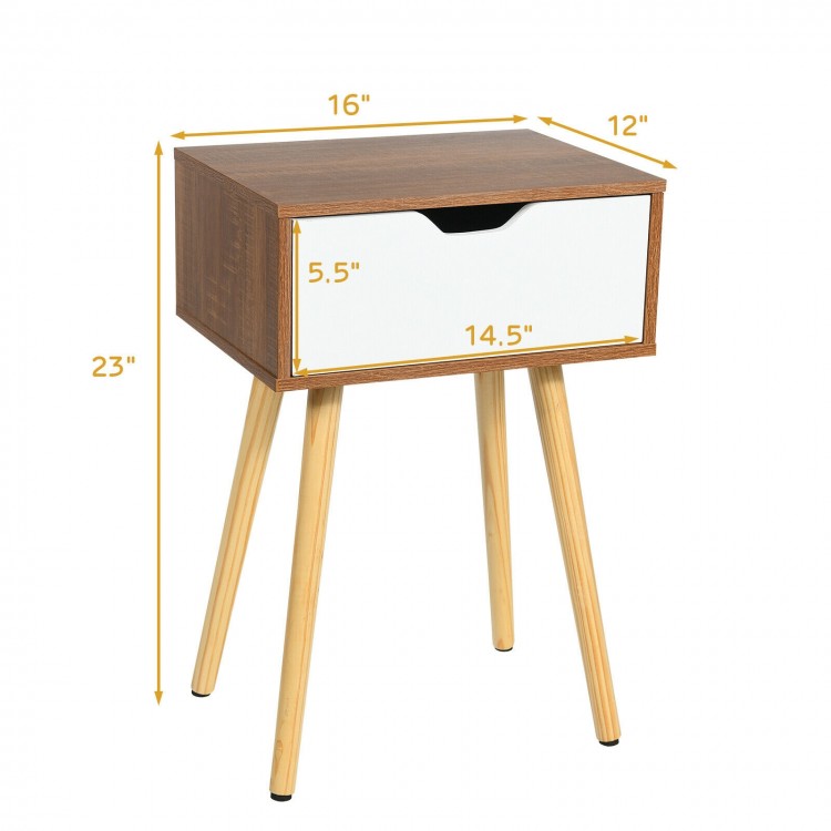 End side storage drawer nightstand with solid wooden legs, featuring a smooth sliding drawer for efficient storage.