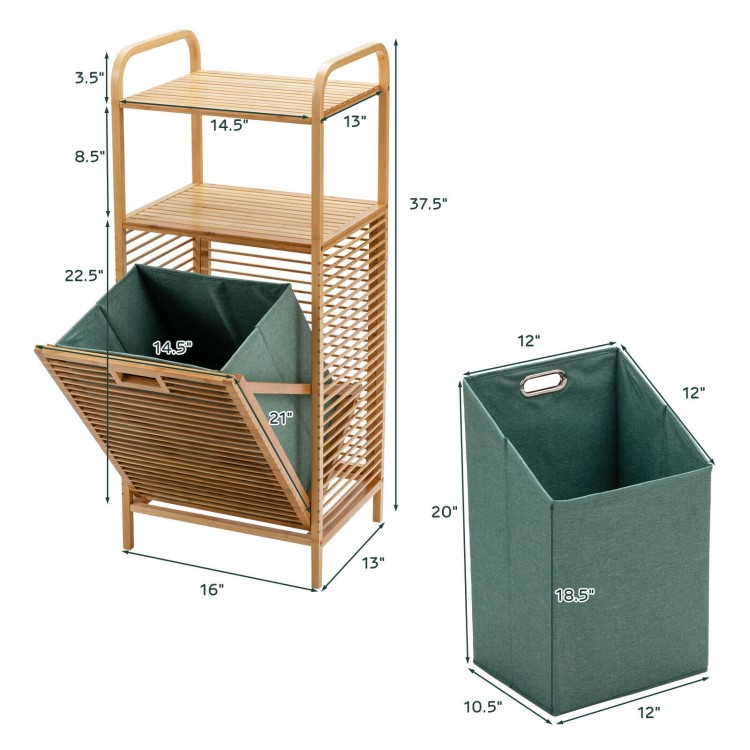 Tilt-out bamboo laundry hamper with removable liner and 2-tier shelf, featuring natural bamboo and oxford fabric for.