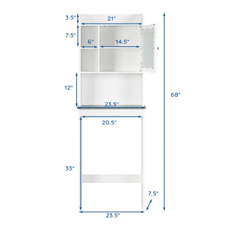 White over-the-toilet cabinet with adjustable shelves and faux marble top, perfect for maximizing bathroom storage.