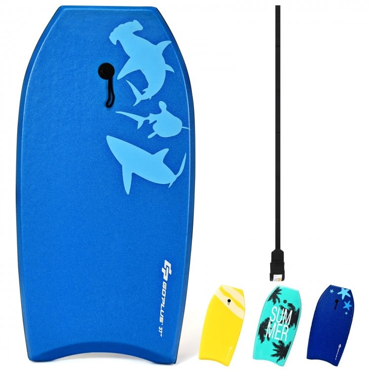 Blue Super Bodyboard with EPS core, XPE deck, and HDPE slick bottom, ideal for summer surfing and water sports.