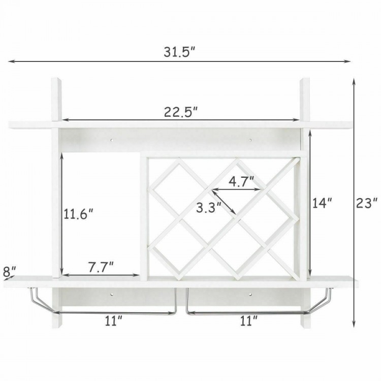 Wall mount wine rack organizer with glass holder, made of MDF and stainless steel, stylish design for home decor.