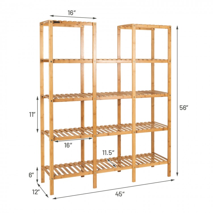 Five-tier bamboo shelf with 12 cubes, measuring 45"x16"x56", ideal for displaying plants and ornaments in any room.