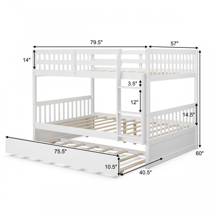 Full over full bunk bed in white with sturdy pine wood frame, featuring a trundle and high guardrails for safety.