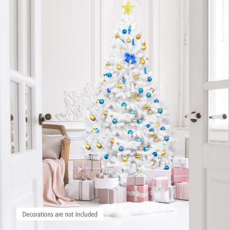 Hinged 6 ft artificial Christmas tree with thick branches and solid iron base, perfect for festive home decoration.