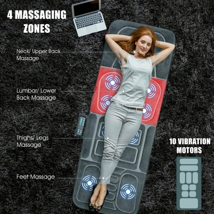 Foldable massage mat with heat, featuring 10 vibration motors for neck, back, and leg massage, ideal for home or office.