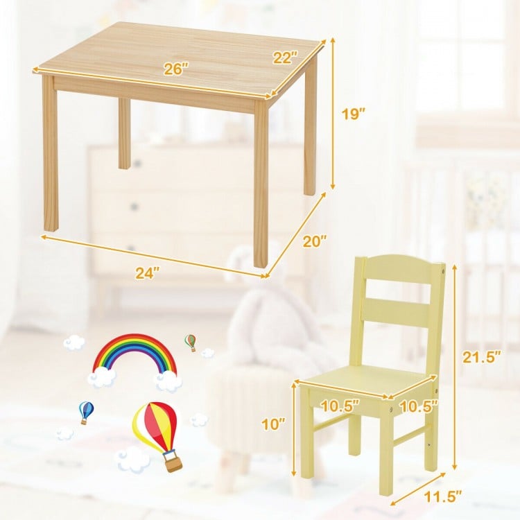 Child-sized multicolor table and chair set made of solid pine wood, perfect for indoor or outdoor playtime activities.
