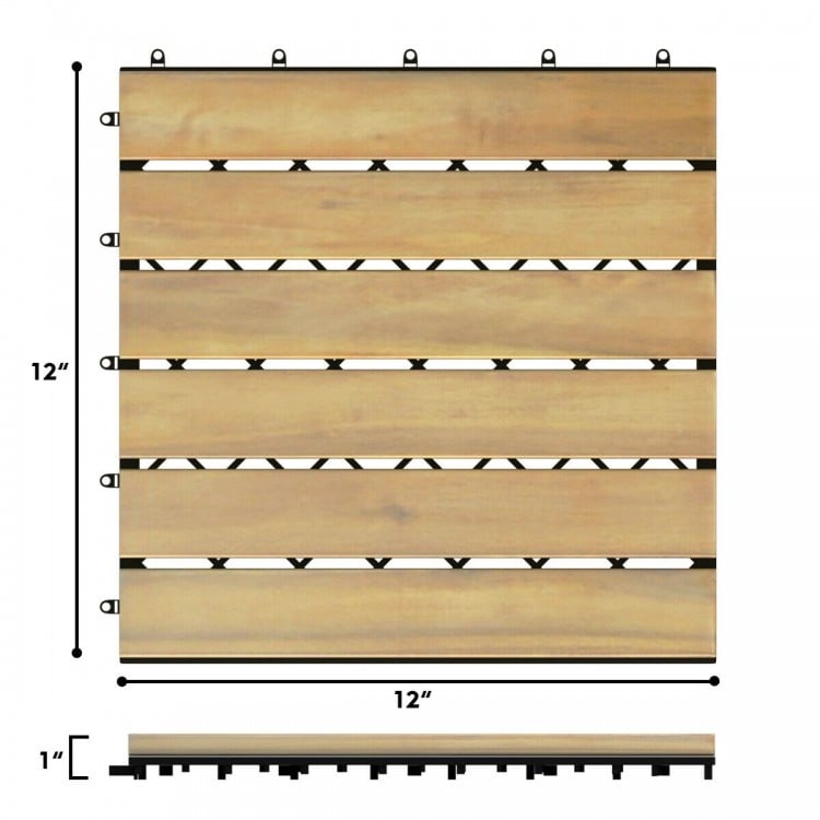 Acacia wood interlocking tile flooring, 12x12 inches, featuring a natural wood texture, ideal for outdoor spaces.