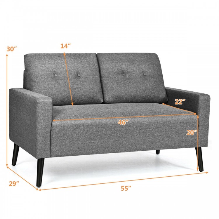 Modern 55-inch gray loveseat sofa with soft cushions, rubber wood legs, ideal for living room or bedroom comfort.