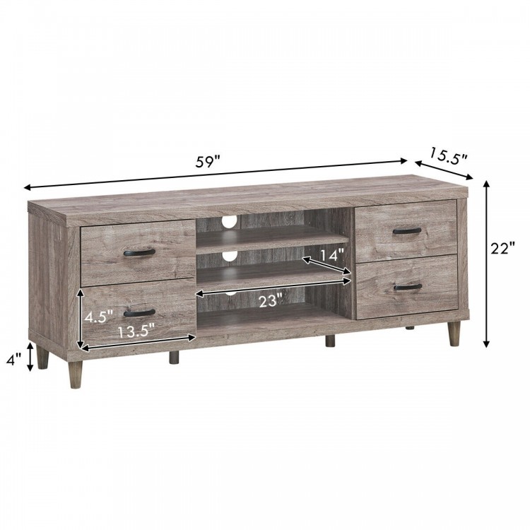 Retro wooden TV stand with 3 open shelves and 4 drawers, accommodating TVs up to 65", featuring cable management and.