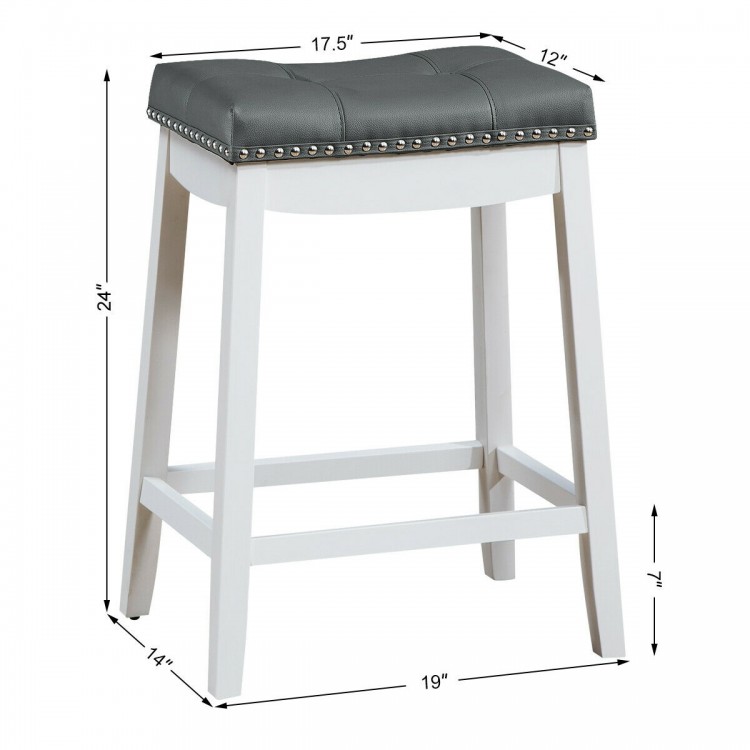 Nailhead saddle bar stool with soft upholstery and rubber wood legs, ideal for kitchen or bar use, 24-inch height.