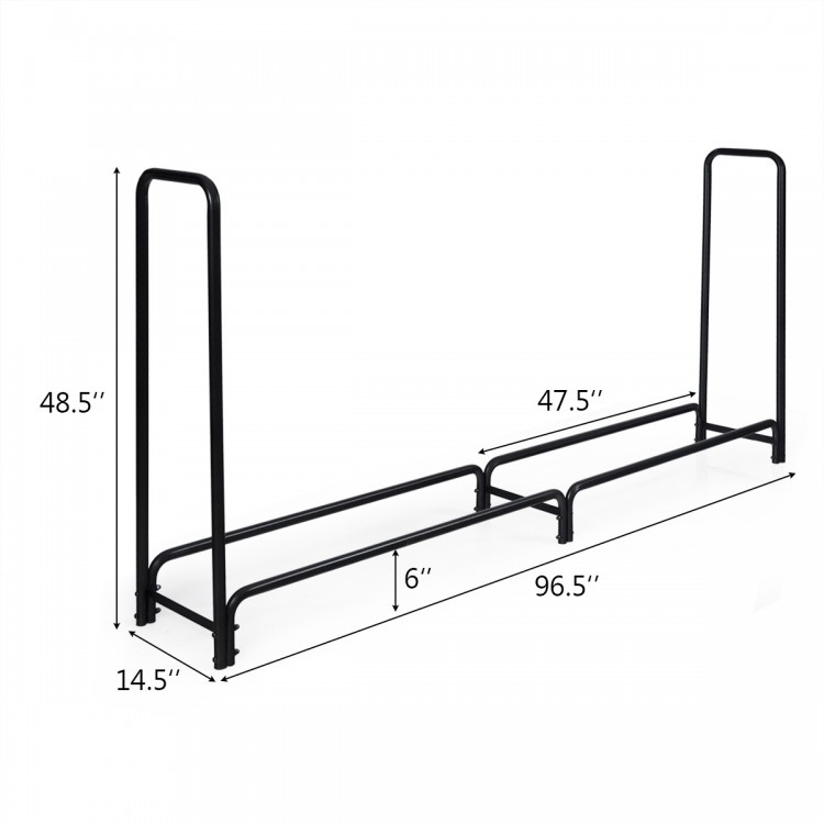 Sturdy 8-foot outdoor steel firewood log rack with powder-coated finish, designed for efficient lumber storage and.