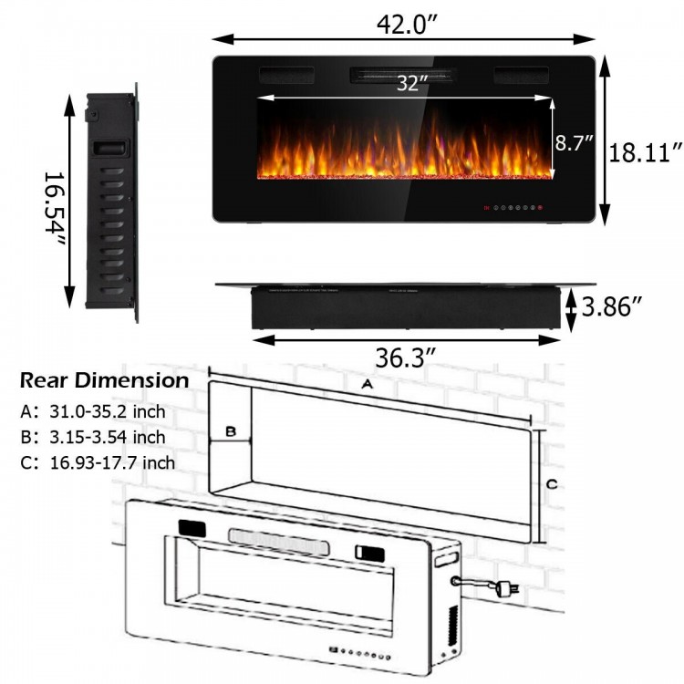 42-inch recessed electric fireplace with 12 flame colors, remote control, and built-in timer for stylish wall.
