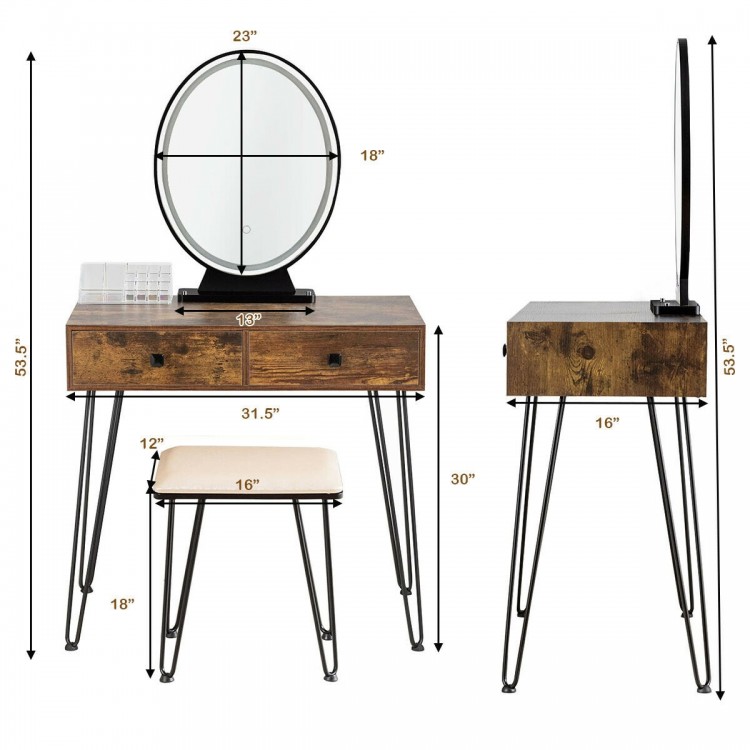 Industrial makeup dressing table in rustic brown with touch screen mirror, two drawers, and matching stool for stylish.