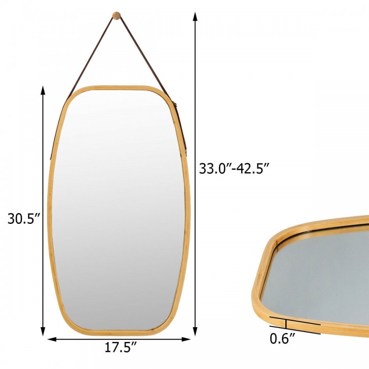 Modern rectangle wall hanging mirror with bamboo frame and adjustable leather strap, perfect for any home decor.
